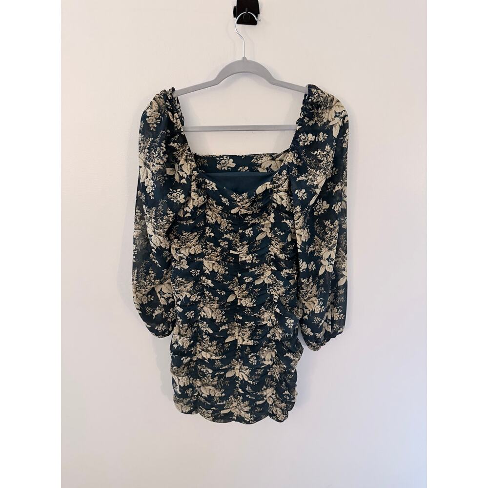 Lush Green Ruched Sheer Floral Balloon Sleeve Square Neckline Mini Dress-Size S